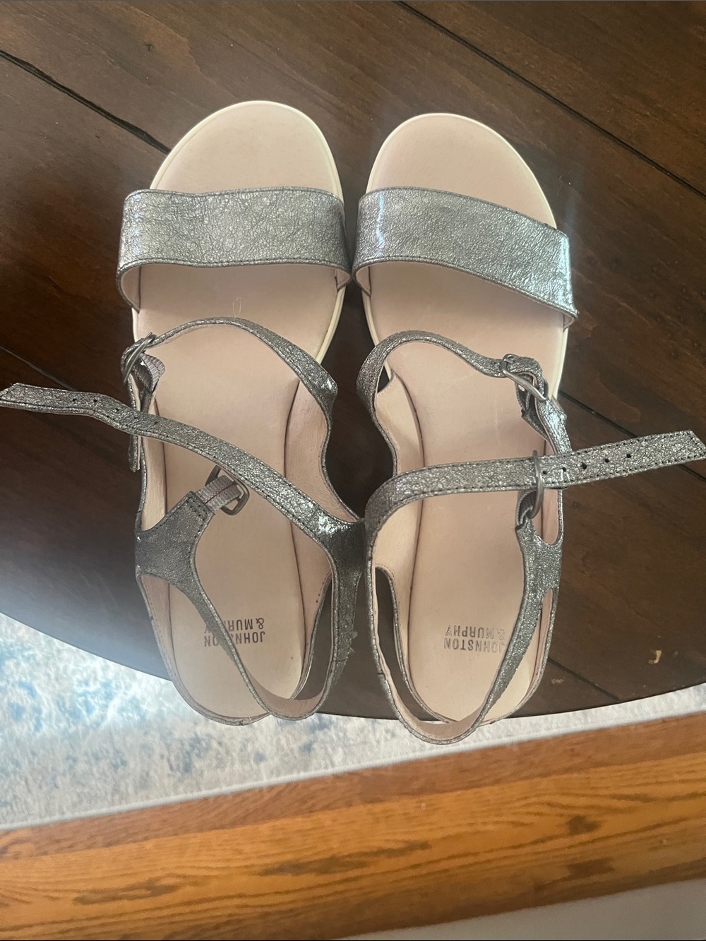 Johnston & Murphy Silver Metallic T-Strap Sandals